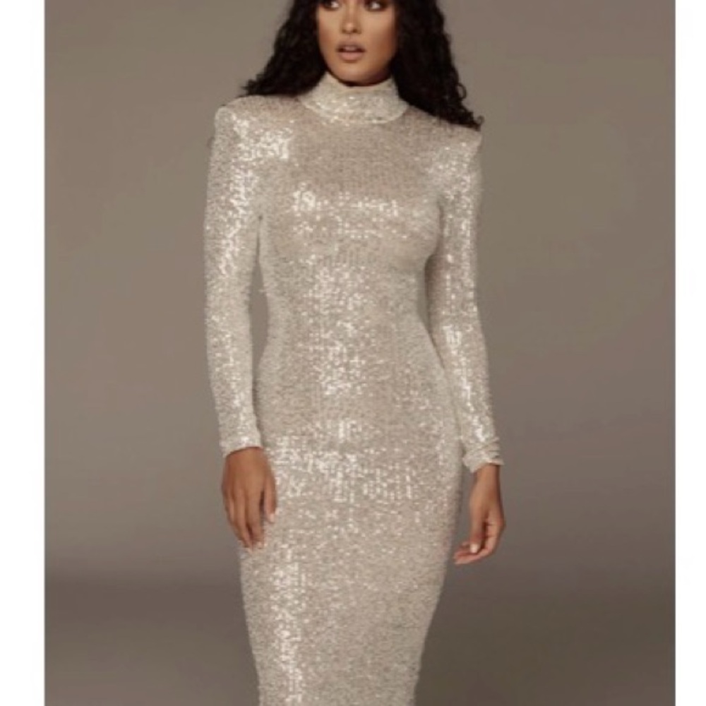 Sequin High-Neck Long-Sleeve Sheath Dress - Silver